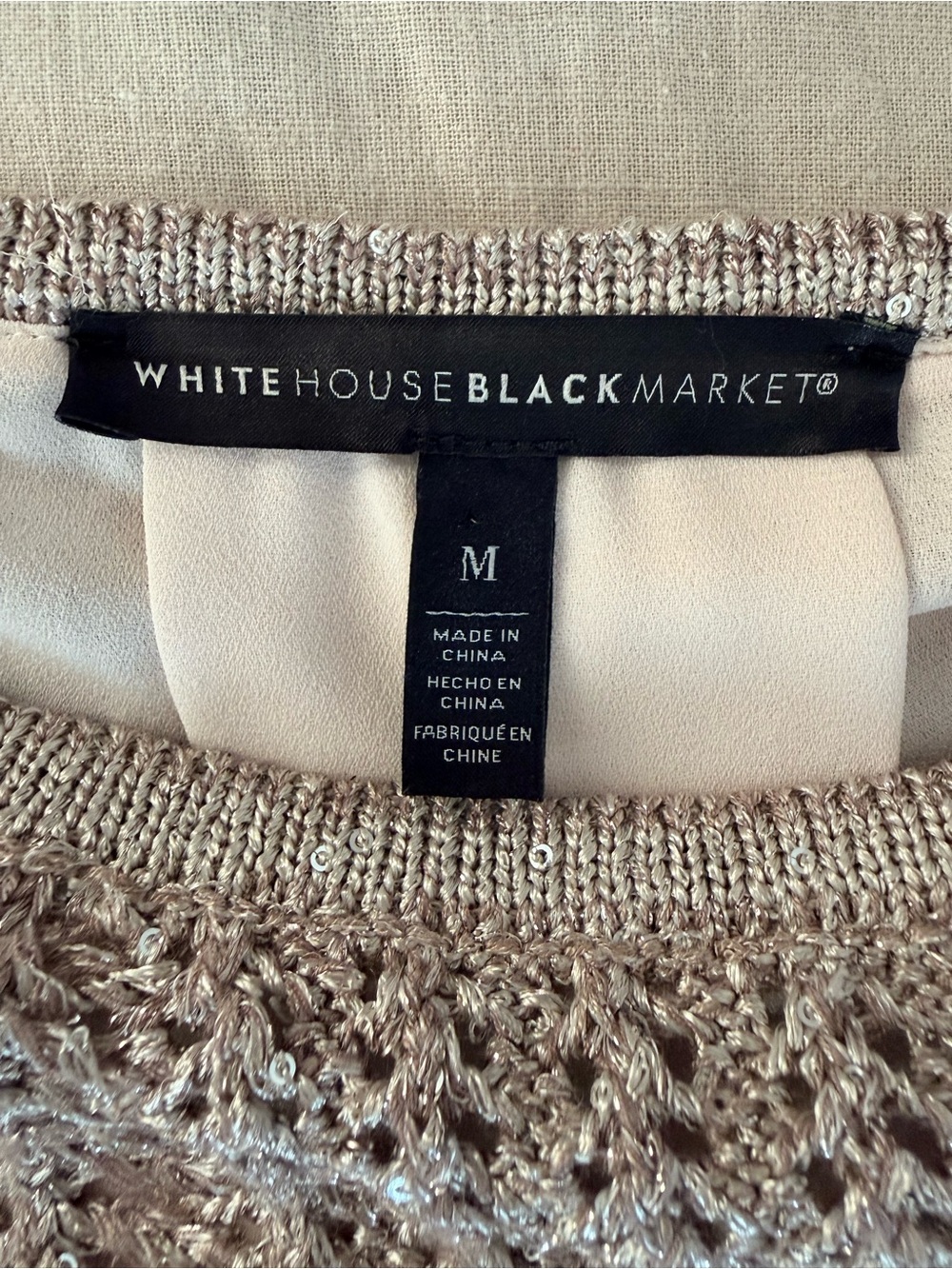 White House Black Market | Champagne Sequin Sweater | Split Back Chiffon Lining - Picture 5 of 14